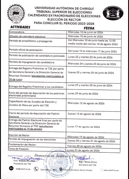 El Tribunal Superior de Elecciones de la Universidad Autónoma de Chiriquí convoca a elección extraordinaria de Rector(a).